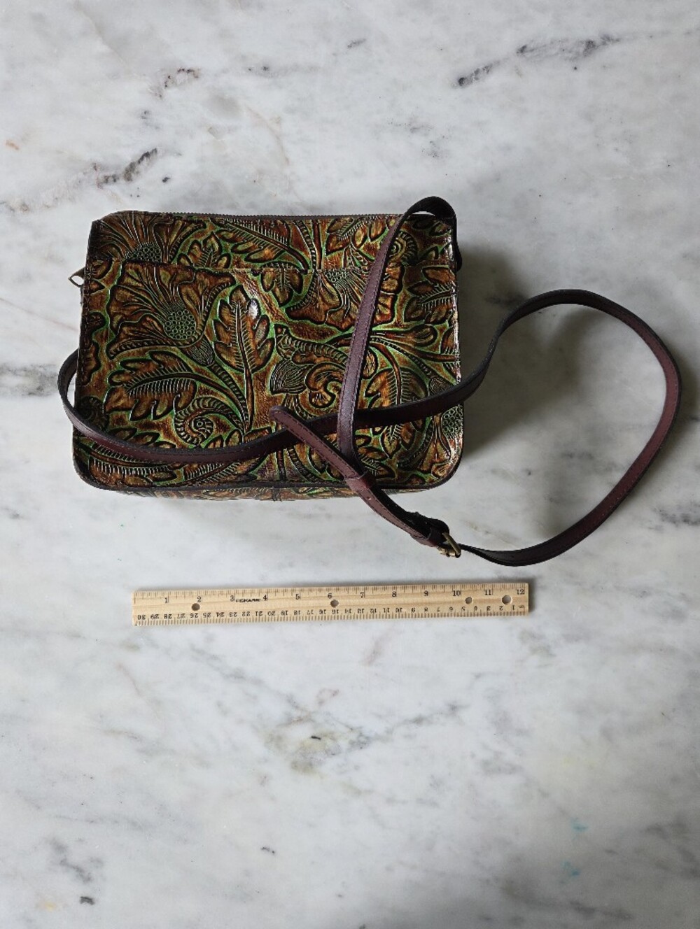 Embossed Floral Leather Crossbody Bag in Brown and Green